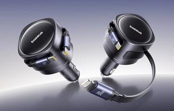 Baseus Enjoyment Max 60W Auto lādētājs ar ievietojamiem kabeļiem USB-C un Lightning / melna (C00035507121-00)