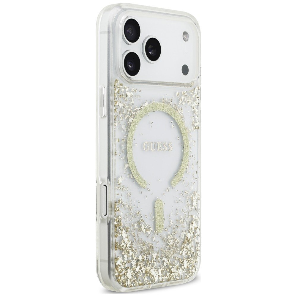 Guess Resin Bottom Glitter MagSafe Case Aizsargapvalks priekš iPhone 18 Pro Max / iPhone 17 Pro Max / zelta (GUHMP18XRGRGED)