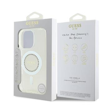 Guess IML Rhinestones Ring MagSafe Case Aizsargapvalks priekš iPhone 16 Pro / balts (GUHMP16LPFTDTEH)