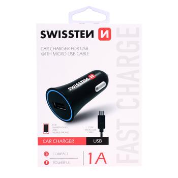 Swissten Auto Lādētājs 12 / 24V / 1A + Micro USB vads 1.5m (SW-CCH-1A-BK-C)