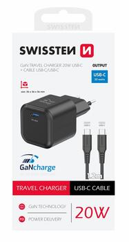 Swissten 3арядное устройство GaN USB-C 20W PD + Kабель для передачи данных USB-C-USB-C 1.2m (22070130)