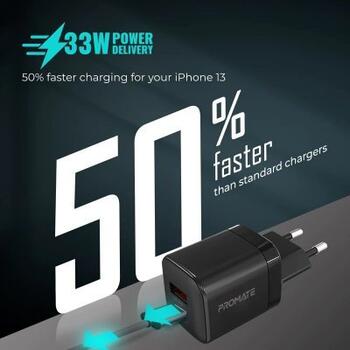 PROMATE PowerPort-33 GaNFast Зарядное устройство 33W / USB-C PD / USB-A (AISPOWERPORT33EUBK)