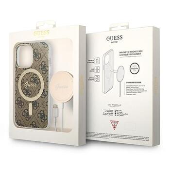 Guess Set GUBPP13LH4EACSW Case+ Charger Hard Case 4G Print MagSafe Aizsargapvalks priekš iPhone 13 Pro / brūns (GUBPP13LH4EACSW)