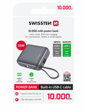 Swissten SPACE Power Bank Универсальный Внешний Аккумулятор Встроенный Кабель USB-C 35W / 10000 mAh Серебристый (22013986)