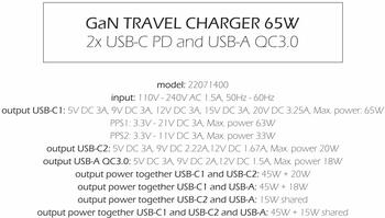 Swissten Travel 3арядное устройство GaN 2x USB-C / PD USB-A / 18W QC / 65W (22071400)