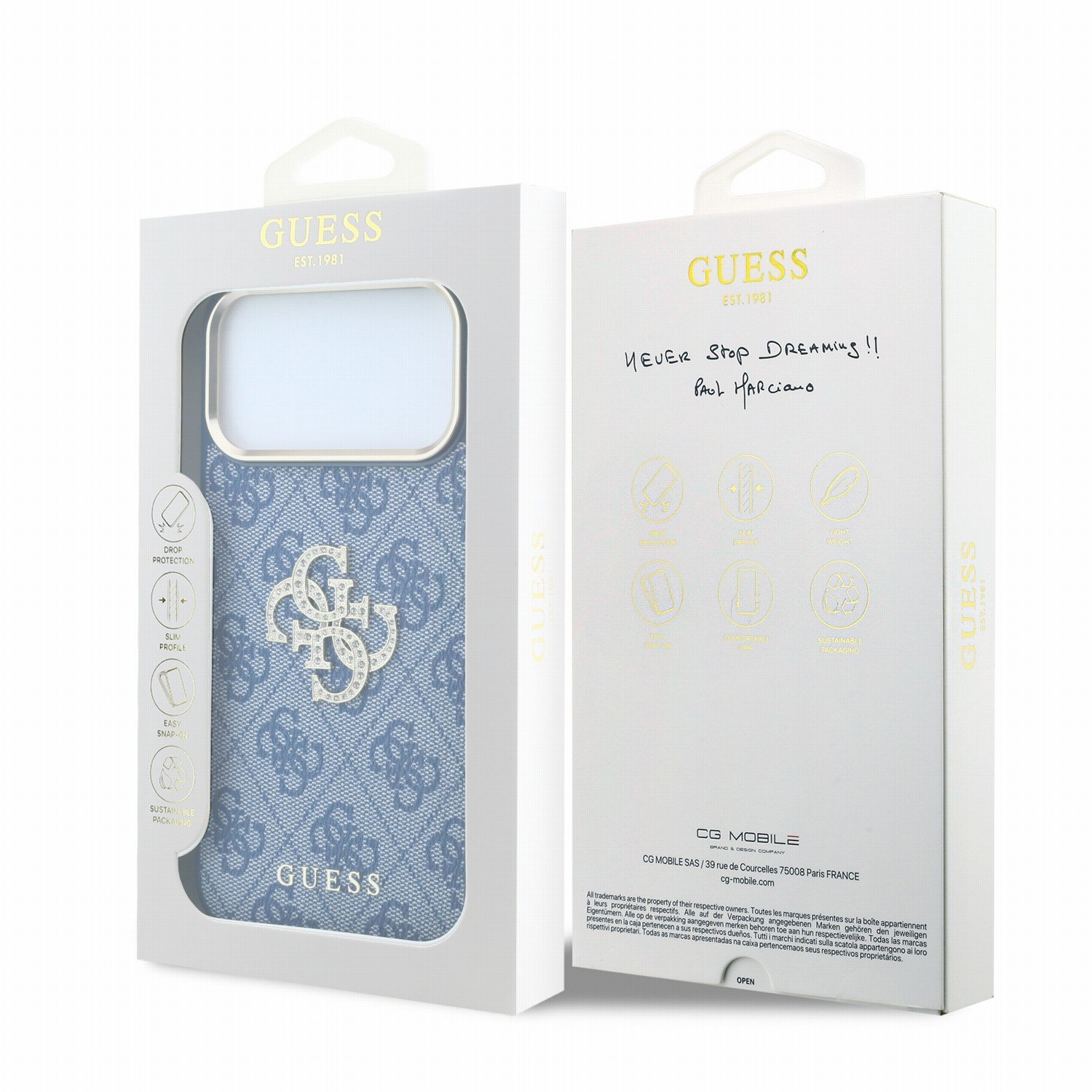 Guess PU 4G Strass Metal Logo Case Aizsargapvalks priekš iPhone 18 Pro / zils (GUHCP18L6P4DSMLB)