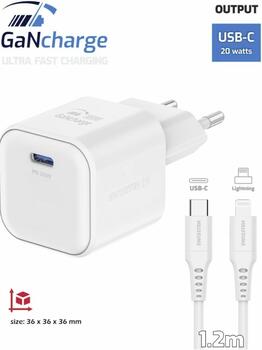 Swissten 3арядное устройство GaN USB-C 20W PD + Kабель для передачи данных USB-C - Lightning 1.2m (22070140)