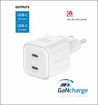 Swissten GaN PD 2x USB-C Tīkla Lādētājs 20W (22070500)