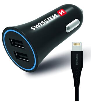 Swissten Auto Lādētājs 12 - 24V / 1A + 2.1A + Lightning Datu Kabelis 1.2m (SW-CCH-2.4ALIG-B)