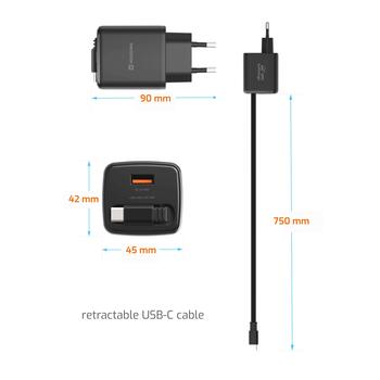 Swissten SlideCHARGE Tīkla Lādētājs GaN 45W USB-A 18W Ar ievelkamu USB-C vadu 0.75m melns (22071340)