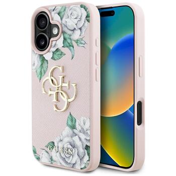 Case Guess Grained Roses Big 4G logo Защитный чехол для iPhone 16 / розовый (GUHCP16SPGROP4MP)
