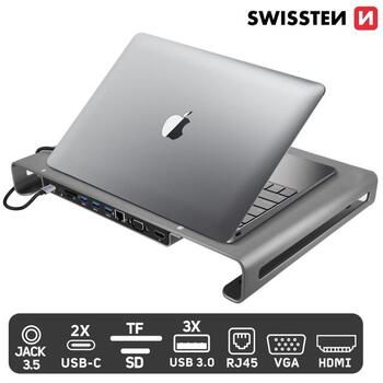 Swissten Многофункциональный Док USB-C станция для портативного компьютера / HDMI / USB 3.0 / 2x USB-C / RJ45 / SD / Micro SD / VGA / Audio (44040104)