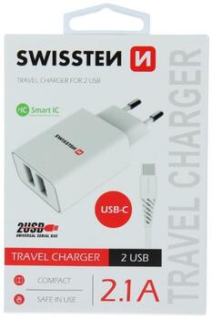 Swissten Smart IC Зарядное устройство 2x USB 2.1А c проводом USB-C 1.20 m (SW-SET-2X2.1AWCUC-WH)