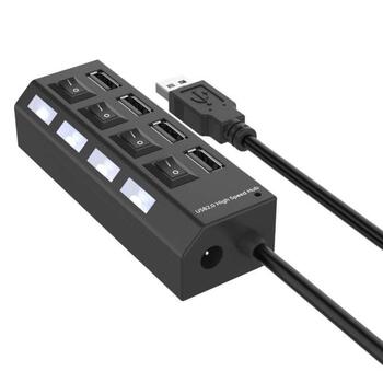 RoGer USB Hubs - Sadalītājs 4 x USB 2.0 ar atsevišķam Ieslēgšanas / Izslēgšanas pogām (RO-20-HUB-BK)