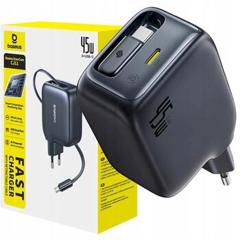 Baseus EnerCore CJ11 Зарядное устройство 45W USB-C со встроенным выдвижным кабелем USB-C / чёрная (6932172695484)