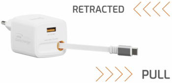 Swissten SlideCHARGE GaN Зарядное устройство 30W USB-A 18W С выдвижным USB-C проводом 0.75m Белый (22070203)