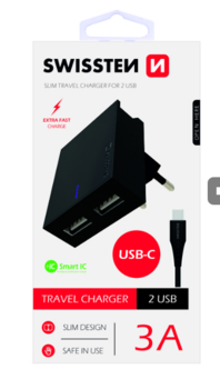 Swissten Зарядное устройство USB 3А / 15W С проводом USB-C 1.2m (SW-DET-3AWCUC-B)