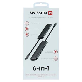 Swissten USB-C Sadalītājs 6in1 ar 3X USB 3.0 / 1X USB-C Power Delivery / 1X microSD / 1X SD / Alumīnija korpuss (SW-USBC-6IN1)
