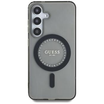 Case Guess Rhinestones Printed Classic Logo MagSafe Aizsargapvalks priekš Samsung Galaxy S25 / melns (GUHMS25SPFTDTEK)