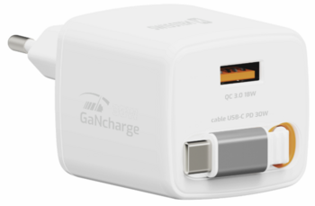 Swissten SlideCHARGE GaN Зарядное устройство 30W USB-A 18W С выдвижным USB-C проводом 0.75m Белый (22070203)