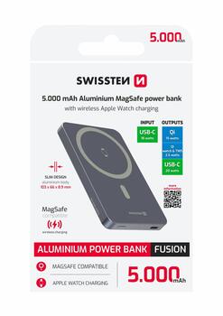 Swissten FUSION Power Bank Универсальный Внешний Аккумулятор MagSafe / Apple Watch / 5000 мАч Серебристый (22013982)