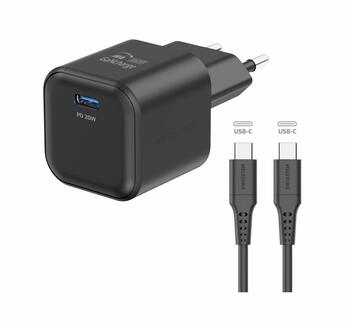 Swissten 3арядное устройство GaN USB-C 20W PD + Kабель для передачи данных USB-C-USB-C 1.2m (22070130)