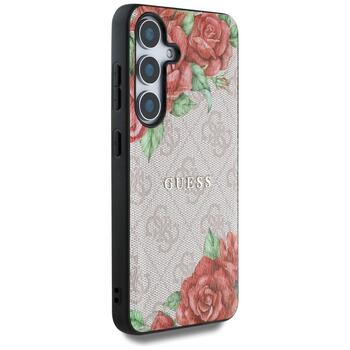 Guess Leather 4G Flowers Print Metal Classic Logo MagSafe Защитный чехол для Samsung Galaxy S25 / розовый (GUHMS25SP4ROPEMCP)