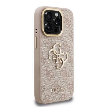 Guess PU 4G Metal Logo Stand Camera Frame Case Защитный чехол для iPhone 15 Pro Max / розовый (GUHCP15XPCS4GP4P)