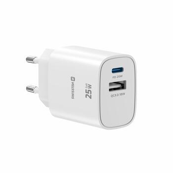 Swissten Edge Сетевое зарядное устройство USB-C PD 25W + USB-A QC 18W White (22071715)
