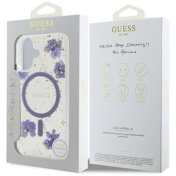 Case Guess Resin Flowers Glitter MagSafe Защитный чехол для iPhone 16 / фиолетовый (GUHMP16SRBFGFGMU)