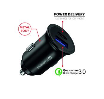 Swissten Metāla Auto Lādētājs ar Power Delivery USB-C + Quick Charge 3.0 / 36W Mobīlajiem telefoniem un Planešetdatoriem (SW-CCH-ME2-QC3.0-PD-36W-BK)