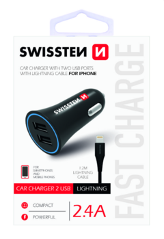 Swissten Auto Lādētājs 12 - 24V / 1A + 2.1A + Lightning Datu Kabelis 1.2m (SW-CCH-2.4ALIG-B)