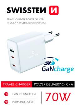 Swissten GaN Tīkla Lādētājs 2 x USB-C / USB / 70W (22054100)