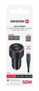 Swissten PD 2x USB-C Automašīnas Lādētājs 50W ar USB-C - USB-C Kabeli 1m (20111909)
