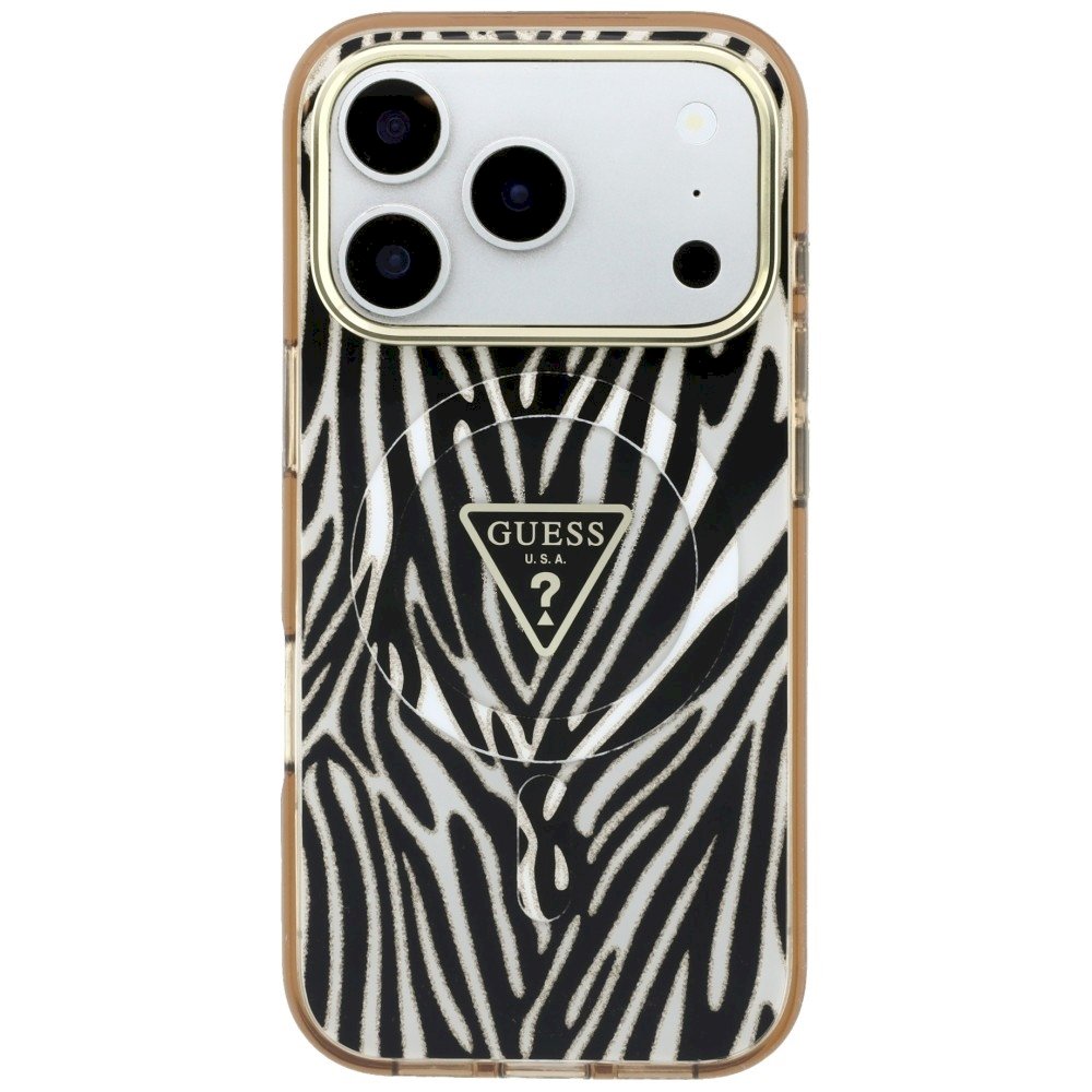 Guess IML Zebra Glitter Triangle Logo MagSafe Aizsargapvalks priekš iPhone 18 Pro Max / iPhone 17 Pro Max / zelts (GUHMP18X6HZPGTLD)