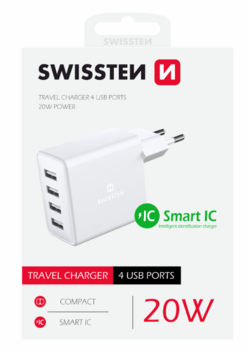 Swissten Smart IC Premium Сетевое зарядное устройство 4 x USB 4A / 20W С Автоматическим Выбором Напряжения (22053100)