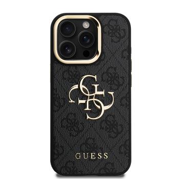 Guess PU 4G Metal Logo Stand Camera Frame Case Aizsargapvalks priekš iPhone 15 Pro Max / melns (GUHCP15XPCS4GP4K)