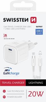 Swissten 3арядное устройство GaN USB-C 20W PD + Kабель для передачи данных USB-C - Lightning 1.2m (22070140)
