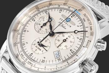Zeppelin 100 Jahre Quartz Chronograph Vīriešu Pulkstenis 42mm Silver Dial Stainless Steel Mesh Bracelet (7680M-1)