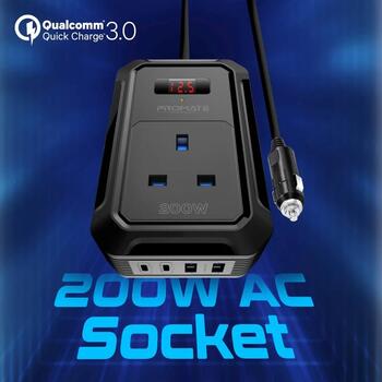 Promate Inverto-200W Автомобильный инвертор DC-AC 11-17V 200W / USB-C PD65W (INVERTO200W)