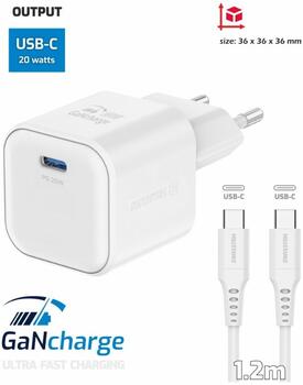 Swissten 3арядное устройство GaN USB-C 20W PD + Kабель для передачи данных USB-C-USB-C 1.2m (22070120)