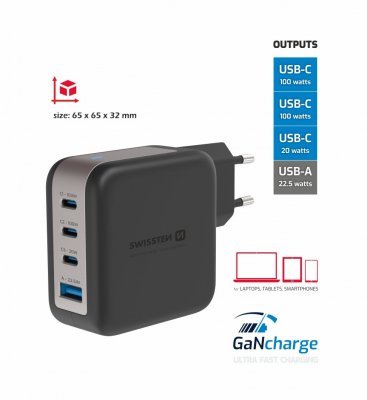 Swissten GaN 3x USB-C PD 100W / USB-A 18W QC Tīkla Lādētājs (22071600)