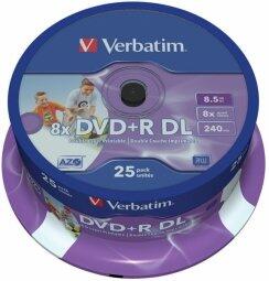 Verbatim Матрицы DVD+R DL 8.5GB Double Layer 8x AZO Wide Printable non ID 25 Pack Spindle (43667V)