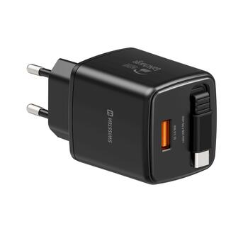 Swissten SlideCHARGE Tīkla Lādētājs GaN 45W USB-A 18W Ar ievelkamu USB-C vadu 0.75m melns (22071340)
