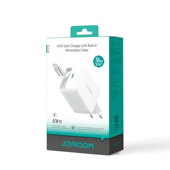 Joyroom JR-TCL06 Travel Charger GaN Fast Charger Type-C Зарядное устройство 67W PD 3.0 QC 5.0 PPS UFCS со встроенным выдвижным кабелем Type-C 0.7m / белый (JR-TCL06-WHT)