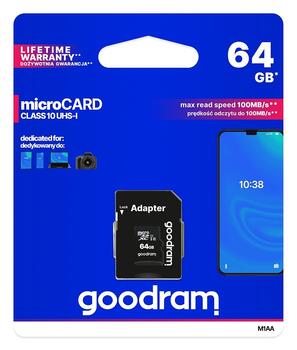 Goodram 64GB Micro SDHC U1-I Class 10 Kарта памяти с адаптером (M1AA0640R12)
