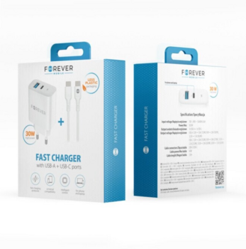 Forever TC-07 Tīkla Lādētājs PD / QC / USB-C / USB / 30W + USB-C Kabelis 60W (GSM180736)