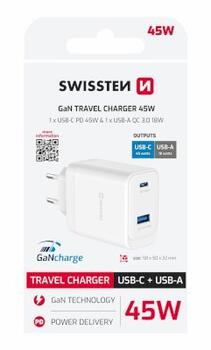 Swissten Travel Charger Core Gan USB-C PD 45W / USB-A QC 18W QC Зарядное устройство (22071330)