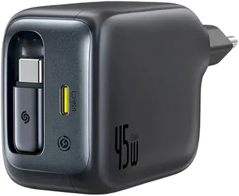 Baseus EnerCore CJ11 Зарядное устройство 45W USB-C со встроенным выдвижным кабелем USB-C / чёрная (6932172695484)