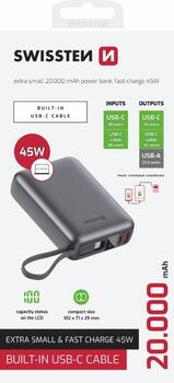 Swissten Power Bank 20000 mAh 45W со встроенным кабелем USB-C (22013976)
